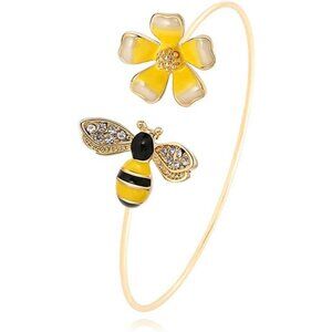 Yellow Flower Honey Bee Charm Bangle Bracelet Women Jewelry Gold Copper